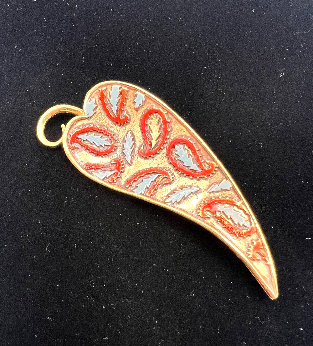 Signed KARU Turquoise Coral Enamel Abstract Paisley Retro Gold Plated Brooch VTG